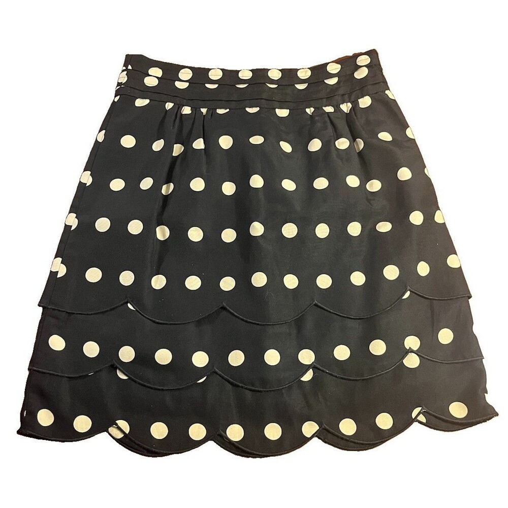 Anthropologie Floreat Black/Ivory Polka Dot Silk Scalloped Zip A-Line Skirt 0
